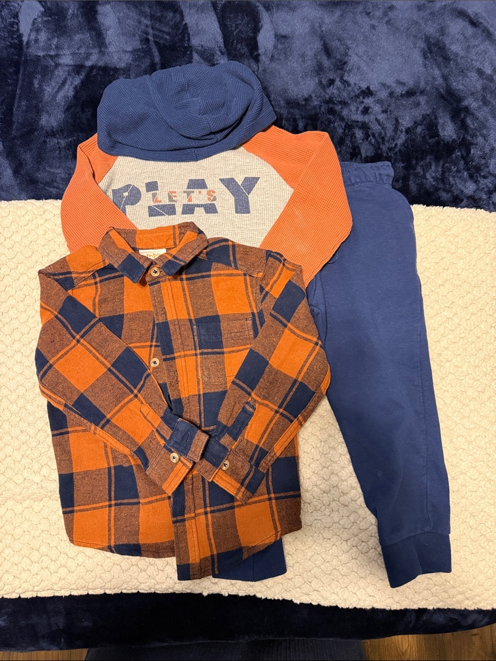 Boys Orange & Navy Plaid Flannel Shirt + Navy Play Hoodie Set